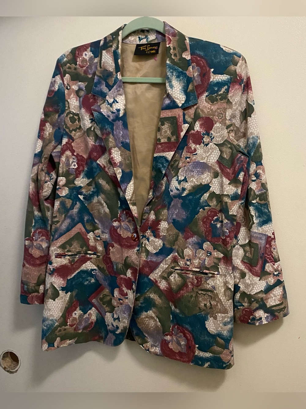 Vintage Toni Garment CC Magic Blazer Jacket L 42” Jewel Tone Watercolor Print